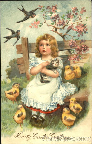 A little girl sitting on a bench carry with cute kitten and six chicks