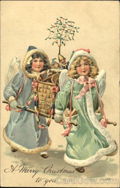 Two girl angels carrying a basket