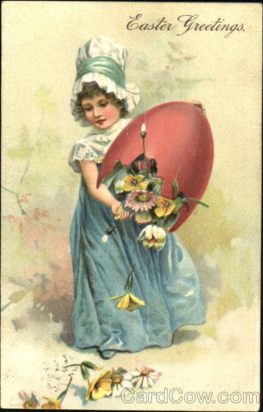 young girl holding a large cracked egg filled with flowers