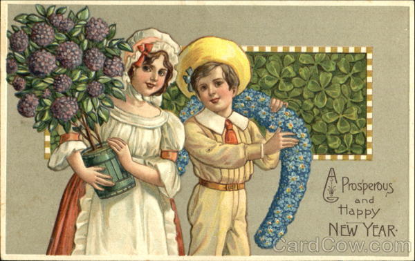 Two children, one a girl with a purple leaved tree, the other with a blue flowered wreath