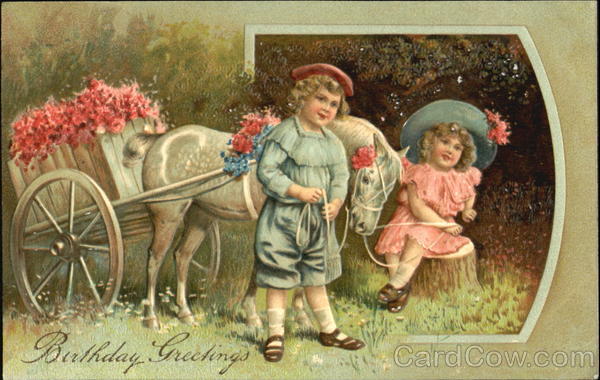 Two kids with Horse pulling Cart Children