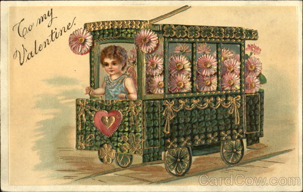 Girl in a streetcar full of pink flowers Children