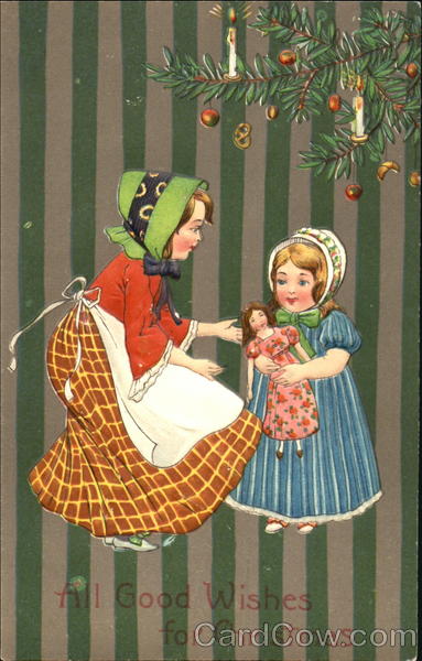 Mother Giving Christmas Doll to Daughter Children