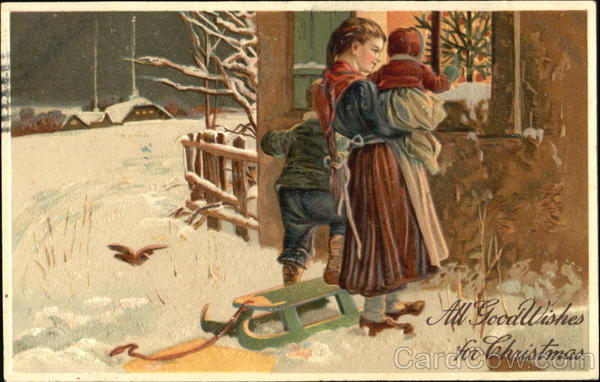 Children peeking through a window in the snow