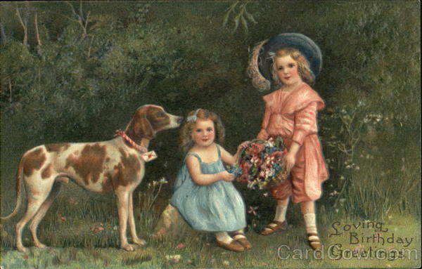 Girls in the woods with a dog and flowers Dogs