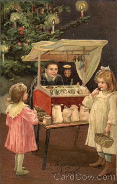 Christmas Vendor with Small Girls Eyeing Wares Children