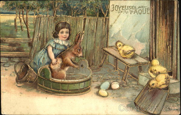 Girl with rabbit , chicks and eggs With Bunnies