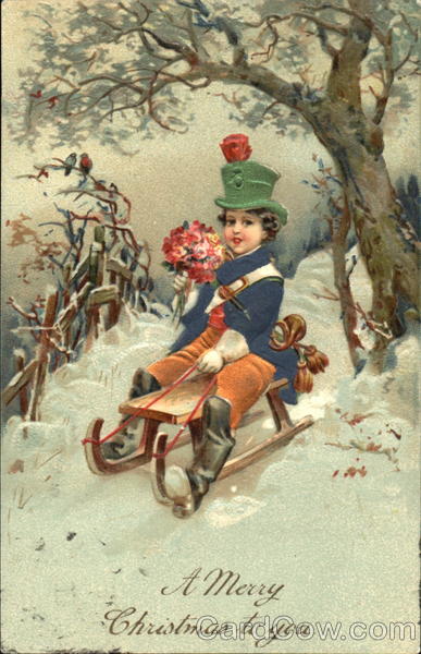 A little boy riding holding with beautiful flowers in a snow