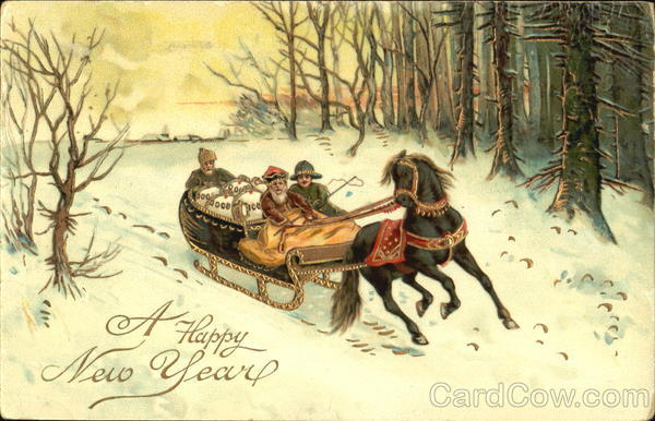 Three people in a horse drawn sleigh Christmas
