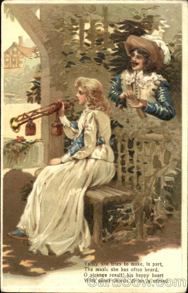 A woman playing a trumpet while man looks on Music