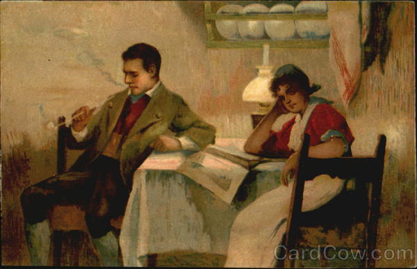 Young man and woman seated at a table (Repro?)