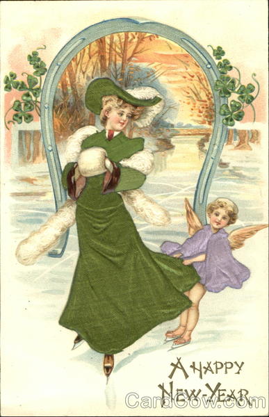 Woman Ice Skating with Cupid New Year's