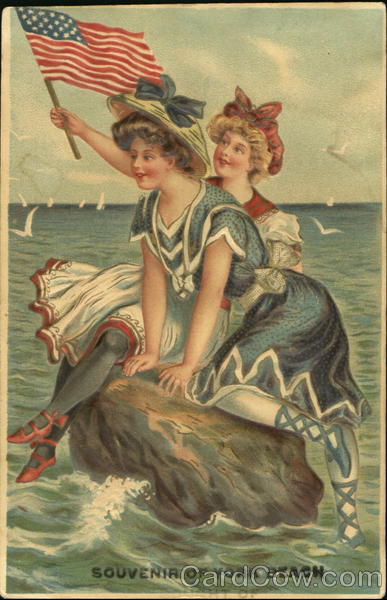 Ladies at York Beach Holding American Flag Patriotic