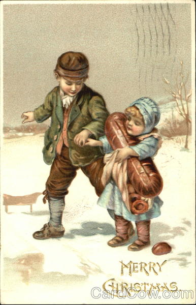Boy and girl walking in the snow Children