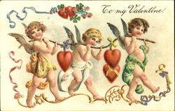 Angels carrying red hearts Postcard