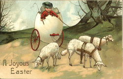 Little boy in Easter egg coach pulled by lambs Postcard