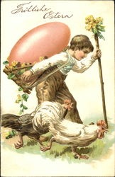 Boy Carring Egg with Roosters Postcard