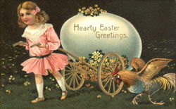 Girl pulling a wagon with an Easter egg in it Postcard