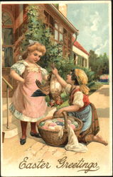 Two Young Girls Negotiating Over a Basket of Easter Eggs and a Hen Postcard