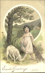 Walking child with a friend sheep Postcard
