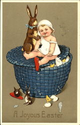 Baby with Rabbits over Basket With Bunnies Postcard Postcard