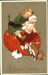Two children on a barrel, peer at many rabbits Postcard