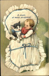 Baby boy on a bed Pillow Postcard
