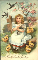 A little girl sitting on a bench carry with cute kitten and six chicks Postcard
