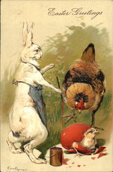 A rabbit and a hen watching a chick hatch Postcard