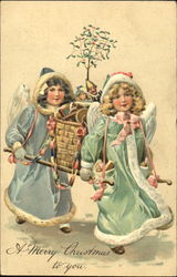 Two girl angels carrying a basket Postcard Postcard