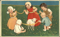 Five Children with Sheep in Center Postcard
