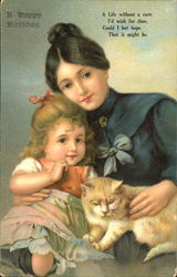 Mother with Child and Kitten on Lap Postcard