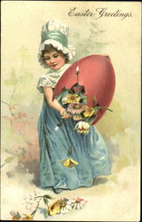 young girl holding a large cracked egg filled with flowers Postcard