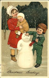 Children Playing in Snow Snowmen Postcard Postcard