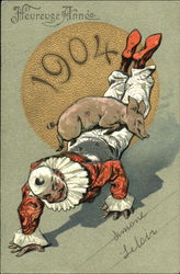 Pig sitting on a clown 1904 Postcard