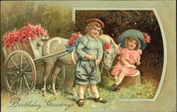 Two kids with Horse pulling Cart Postcard