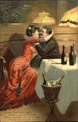 Young man and woman seated on sofa Romance & Love Postcard Postcard