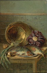 Vegetables and two fish lying on a table Postcard