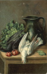 Doves and vegetables in the kitchen Artist Signed Postcard Postcard