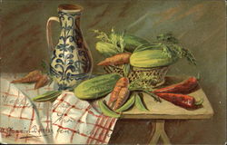 Still art of a pitcher and basket of vegetables Artist Signed Postcard Postcard