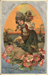 Girl Carrying Sheep Amongst Flowers Postcard
