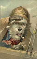 Dog smoking pipe on ship Postcard