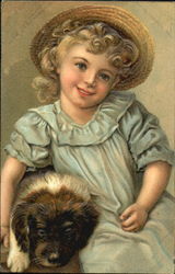 Girl in Bonnet with Puppy Postcard
