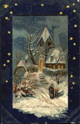 Snowy walk to church Christmas Postcard Postcard