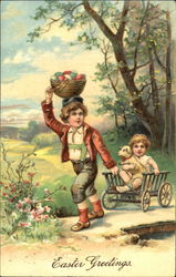 Two Boys pulling cart Postcard