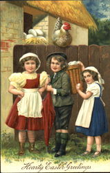 Three children gathering eggs Postcard