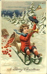 Young boy sledding at Christmas Postcard