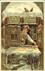Boy with bell in a treefort with a christmas tree Postcard