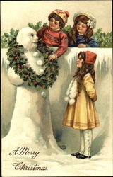 Three children with a snowman Snowmen Postcard Postcard