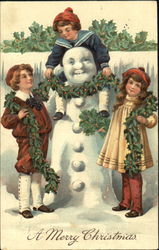 Three Children Building Snowman Snowmen Postcard Postcard
